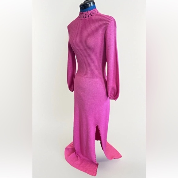 Vintage 70s Dolphin California Hand Knit Pink Maxi Gown Dress w/ Slit - Picture 4 of 14